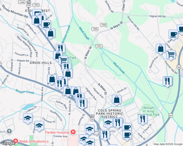 map of restaurants, bars, coffee shops, grocery stores, and more near 1306 North Main Street in Hendersonville