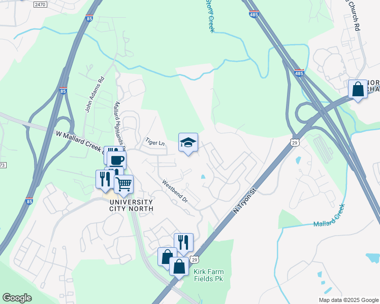 map of restaurants, bars, coffee shops, grocery stores, and more near 840 West Mallard Creek Church Road in Charlotte
