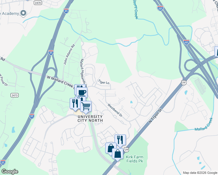 map of restaurants, bars, coffee shops, grocery stores, and more near 9829 Mallard Glen Drive in Charlotte