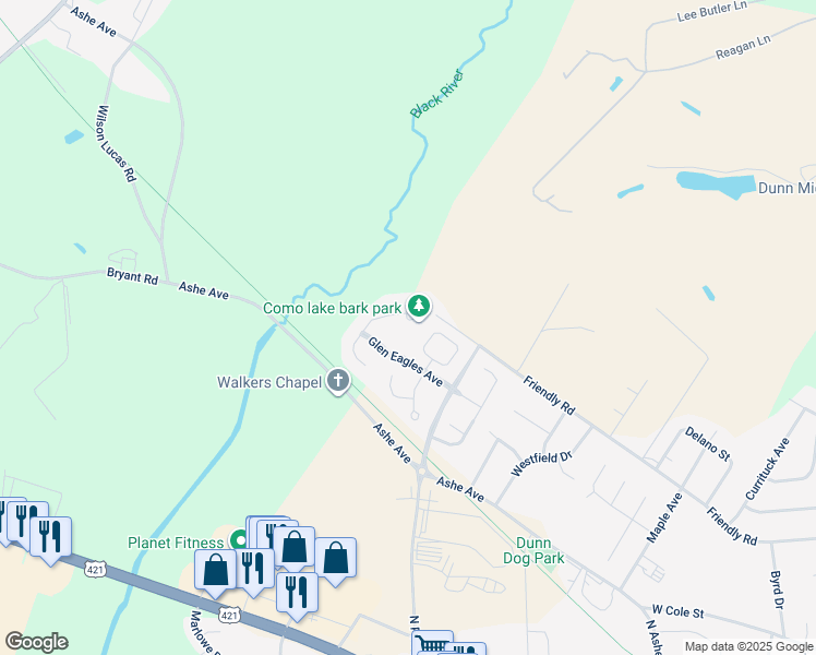 map of restaurants, bars, coffee shops, grocery stores, and more near 45 Glenfield Drive in Dunn