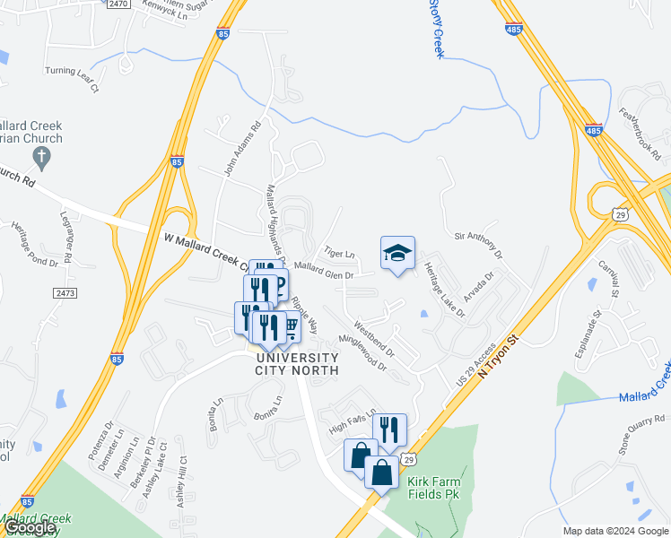 map of restaurants, bars, coffee shops, grocery stores, and more near 9755 Mallard Glen Drive in Charlotte