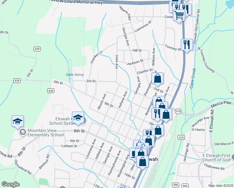 map of restaurants, bars, coffee shops, grocery stores, and more near 327 Louisiana Avenue in Etowah