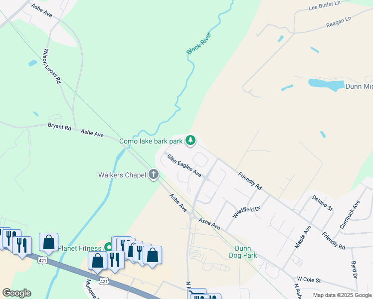 map of restaurants, bars, coffee shops, grocery stores, and more near 45 Glenfield Drive in Dunn