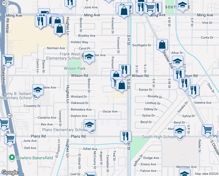 map of restaurants, bars, coffee shops, grocery stores, and more near 2601 Fremont Street in Bakersfield