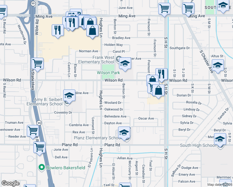 map of restaurants, bars, coffee shops, grocery stores, and more near 2213 Sherwood Avenue in Bakersfield