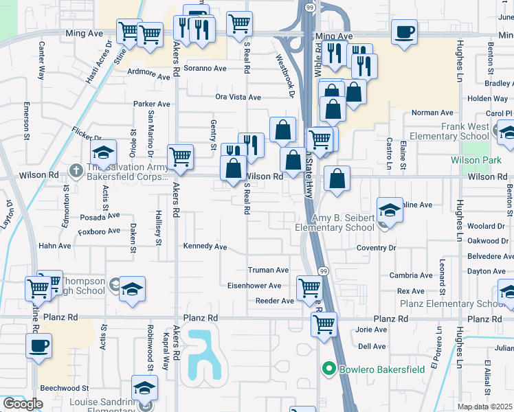 map of restaurants, bars, coffee shops, grocery stores, and more near 3612 Sampson Court in Bakersfield