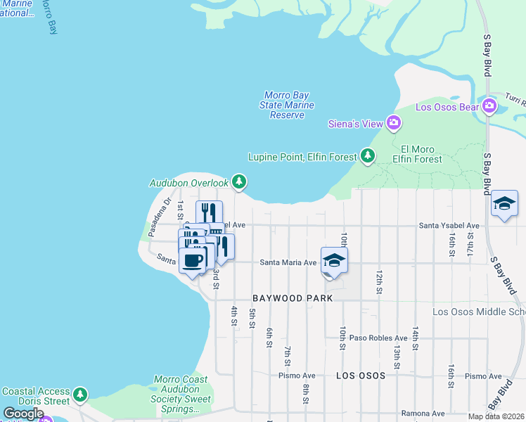 map of restaurants, bars, coffee shops, grocery stores, and more near 1119 6th Street in San Luis Obispo