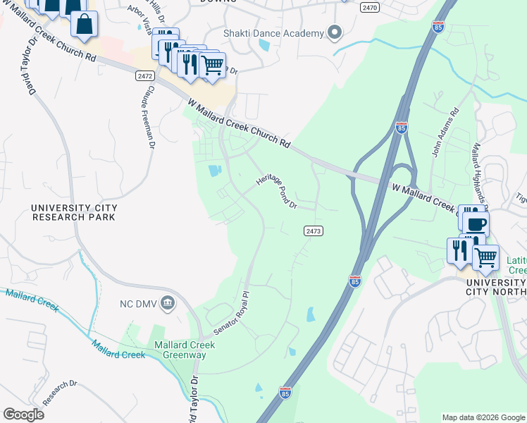map of restaurants, bars, coffee shops, grocery stores, and more near 1705 Heritage Pond Drive in Charlotte
