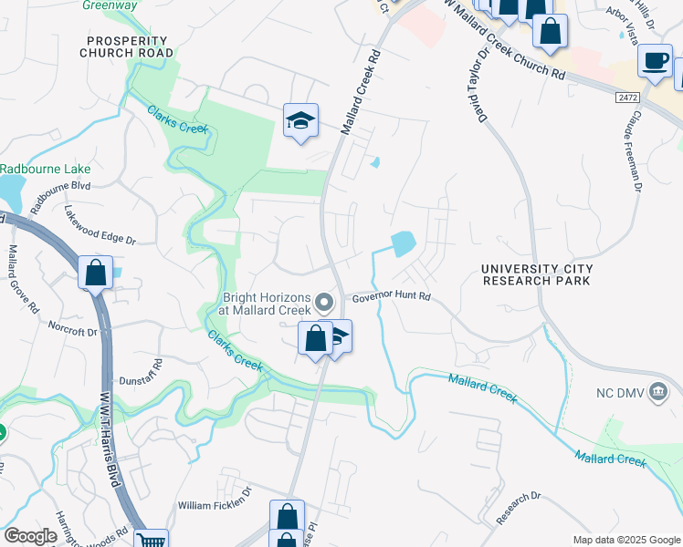 map of restaurants, bars, coffee shops, grocery stores, and more near 9410 Mallard Creek Road in Charlotte
