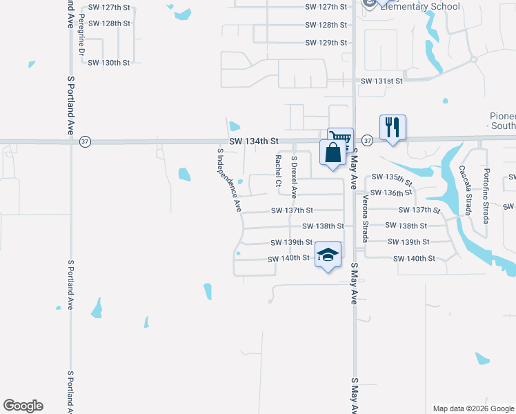 map of restaurants, bars, coffee shops, grocery stores, and more near 3204 Southwest 137th Court in Oklahoma City