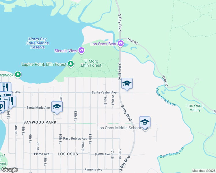 map of restaurants, bars, coffee shops, grocery stores, and more near 1144 16th Street in Baywood-Los Osos