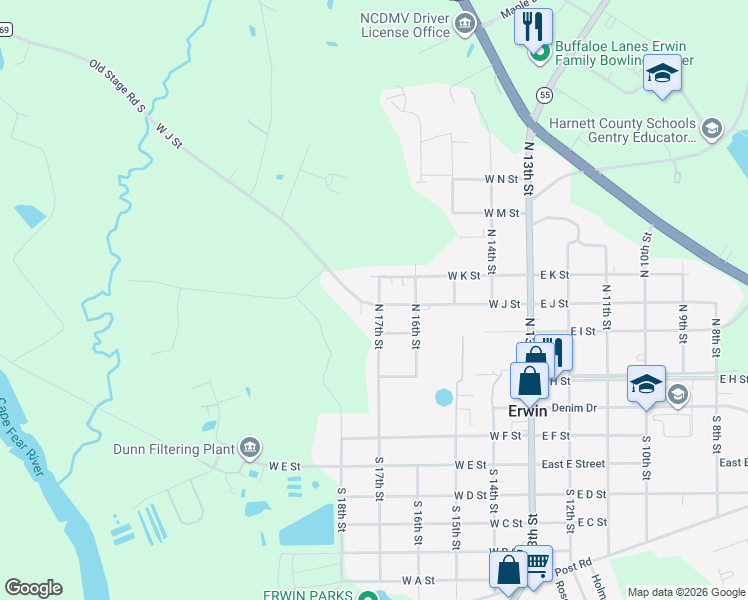 map of restaurants, bars, coffee shops, grocery stores, and more near 301 North 17th Street in Erwin