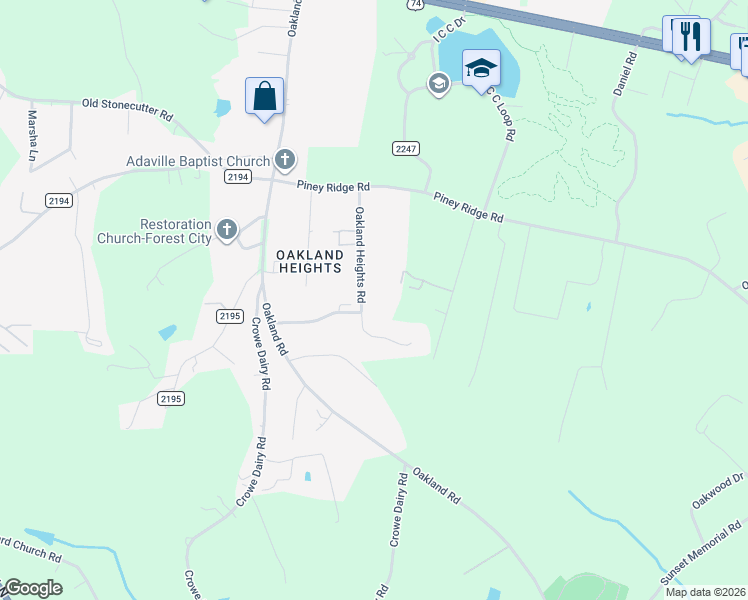 map of restaurants, bars, coffee shops, grocery stores, and more near 255 Oakland Heights Road in Forest City
