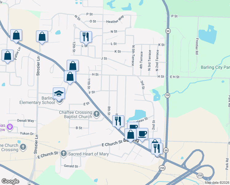 map of restaurants, bars, coffee shops, grocery stores, and more near 701 7th Street in Barling