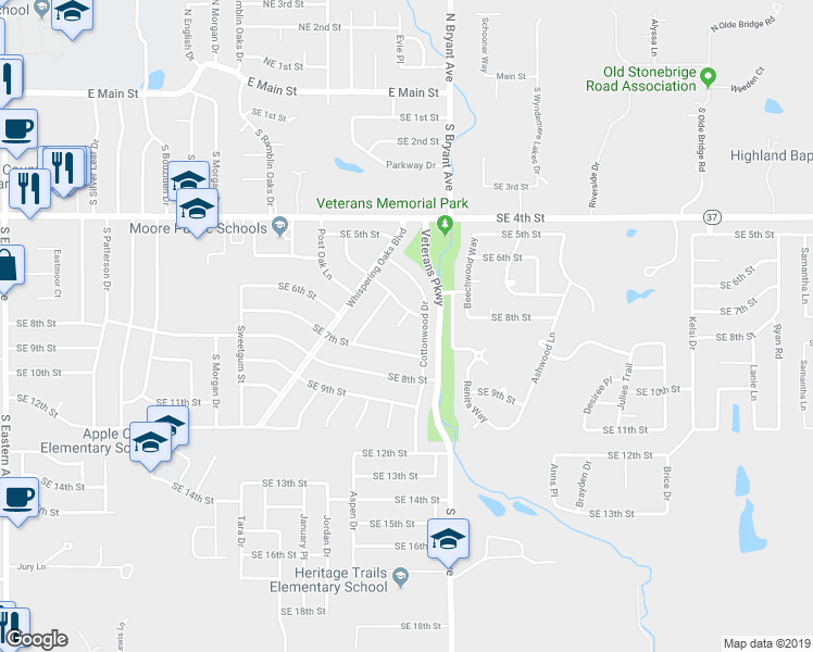 map of restaurants, bars, coffee shops, grocery stores, and more near 704 Pinewood Court in Oklahoma City