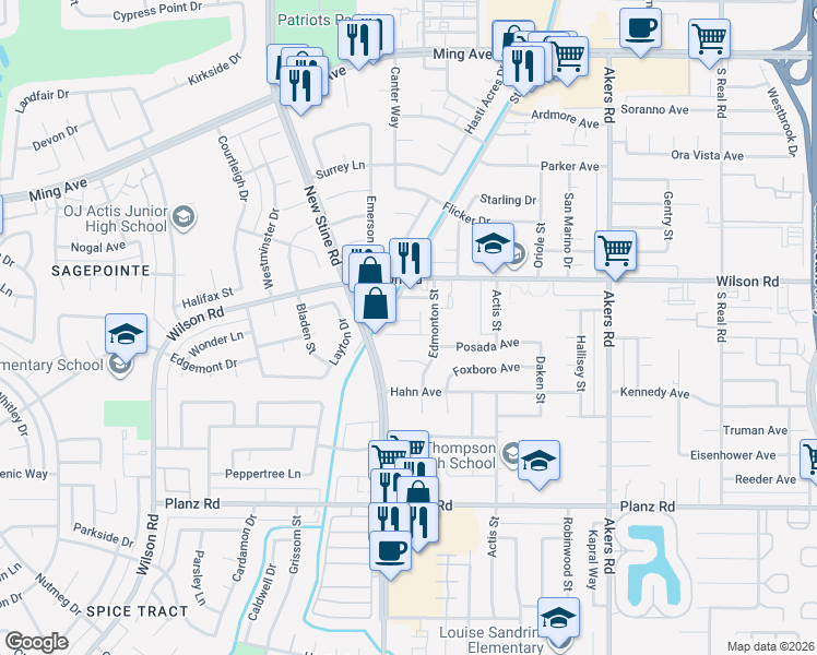 map of restaurants, bars, coffee shops, grocery stores, and more near 4800 Treanna Avenue in Bakersfield