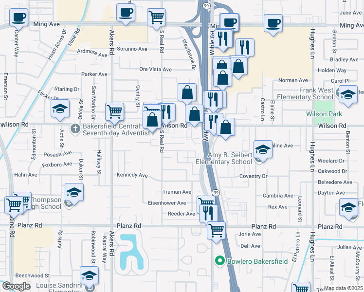 map of restaurants, bars, coffee shops, grocery stores, and more near 3505 Sampson Court in Bakersfield
