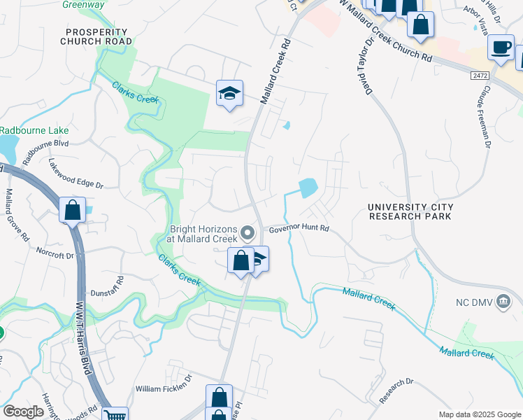 map of restaurants, bars, coffee shops, grocery stores, and more near 9410 Mallard Creek Road in Charlotte