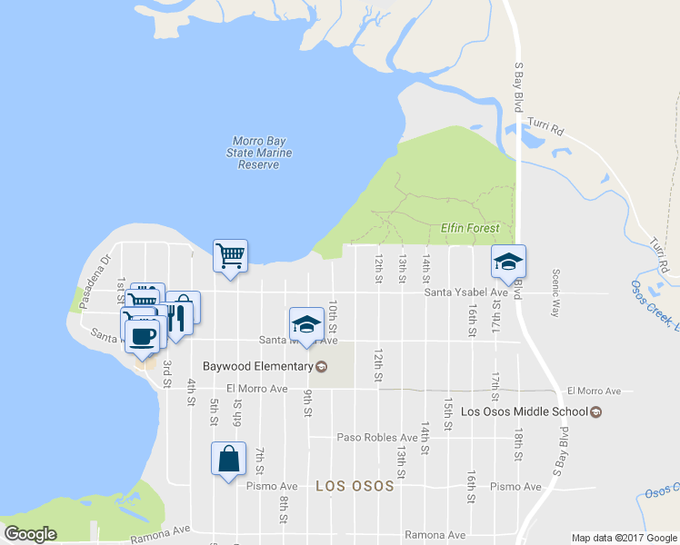 map of restaurants, bars, coffee shops, grocery stores, and more near 1168 10th Street in Baywood-Los Osos