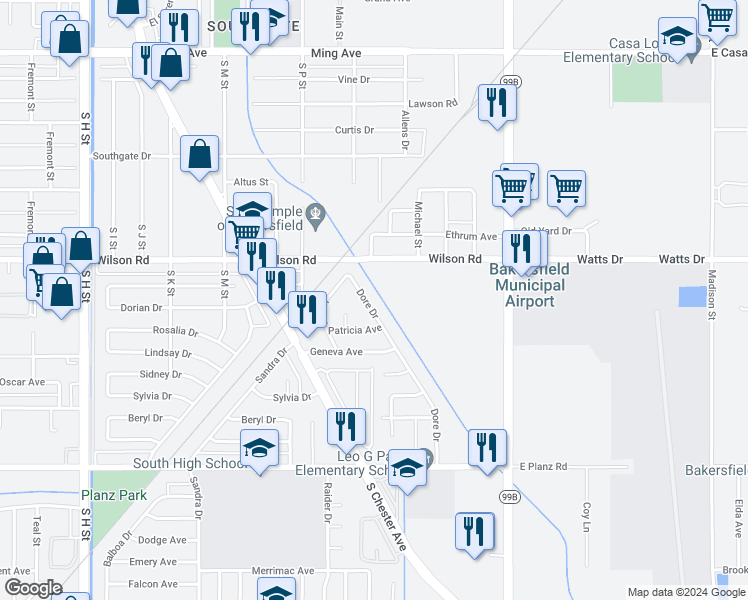 map of restaurants, bars, coffee shops, grocery stores, and more near 2616 Dore Drive in Bakersfield