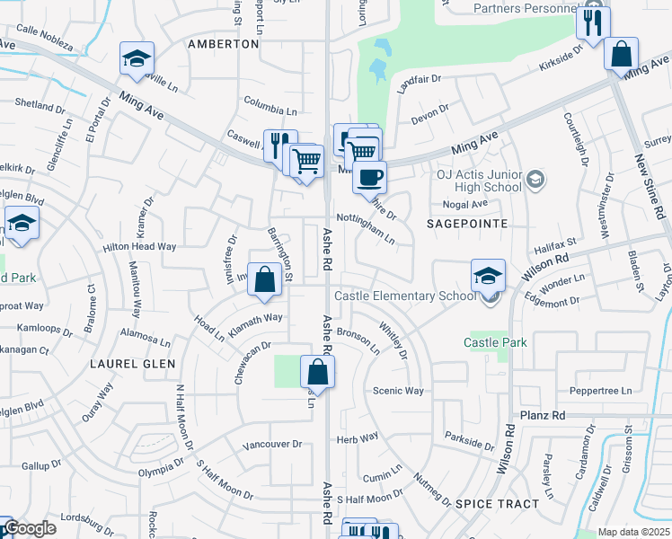map of restaurants, bars, coffee shops, grocery stores, and more near 2620 Ashe Road in Bakersfield
