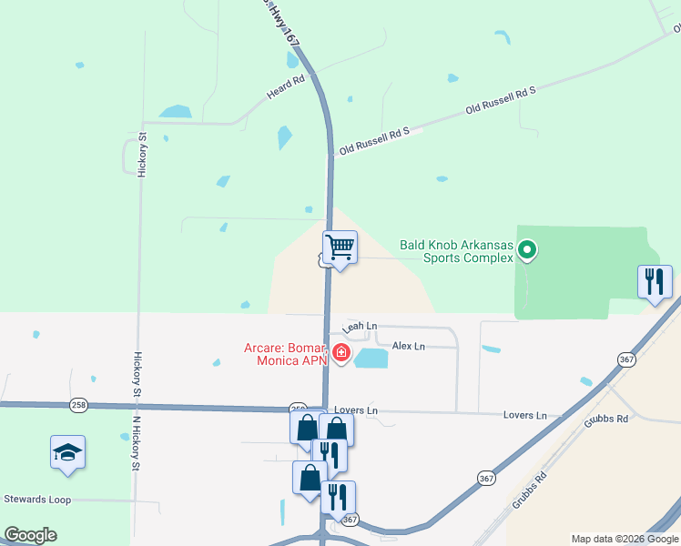 map of restaurants, bars, coffee shops, grocery stores, and more near 232 Highway 167 Lane North in Bald Knob