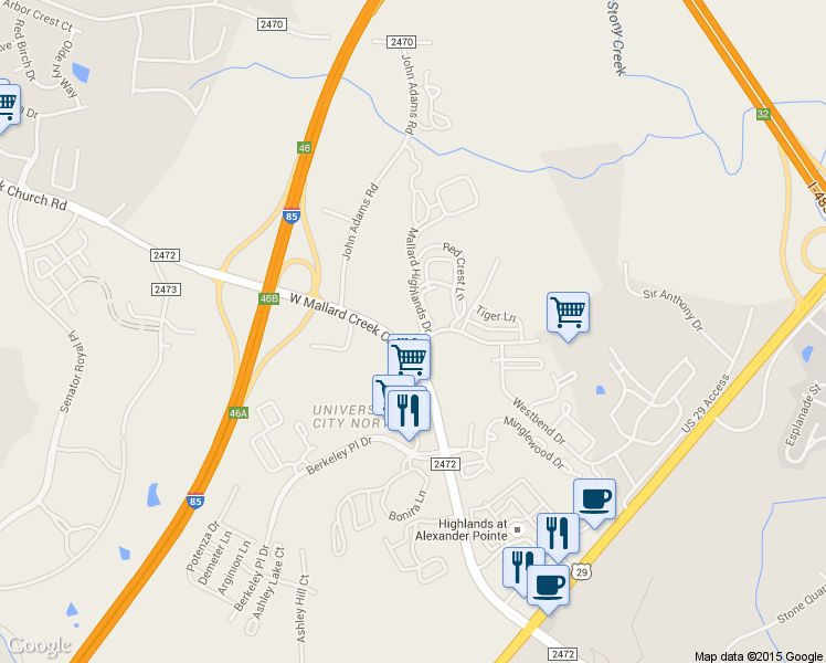 map of restaurants, bars, coffee shops, grocery stores, and more near 9625 Mallard Glen Dr in Charlotte