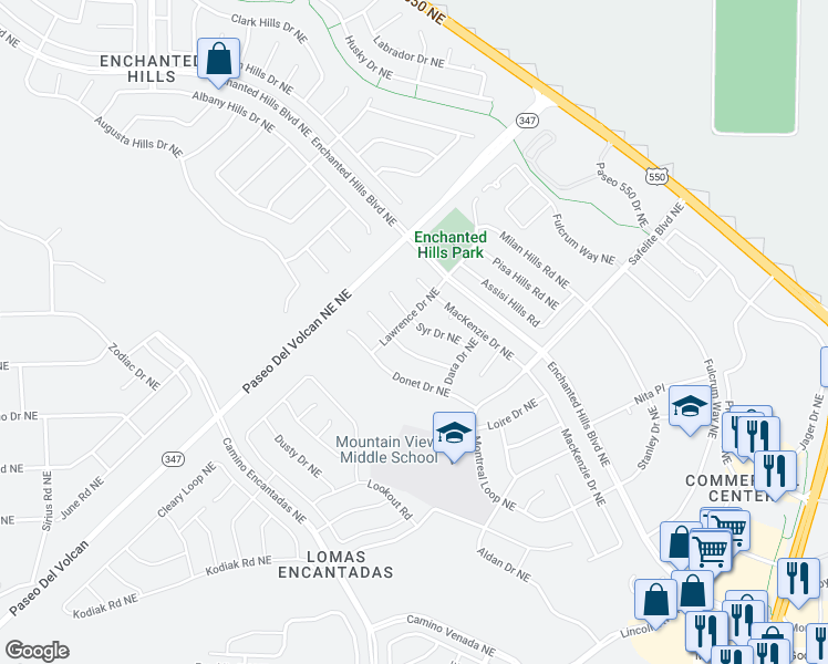 map of restaurants, bars, coffee shops, grocery stores, and more near 7304 Syr Drive Northeast in Rio Rancho