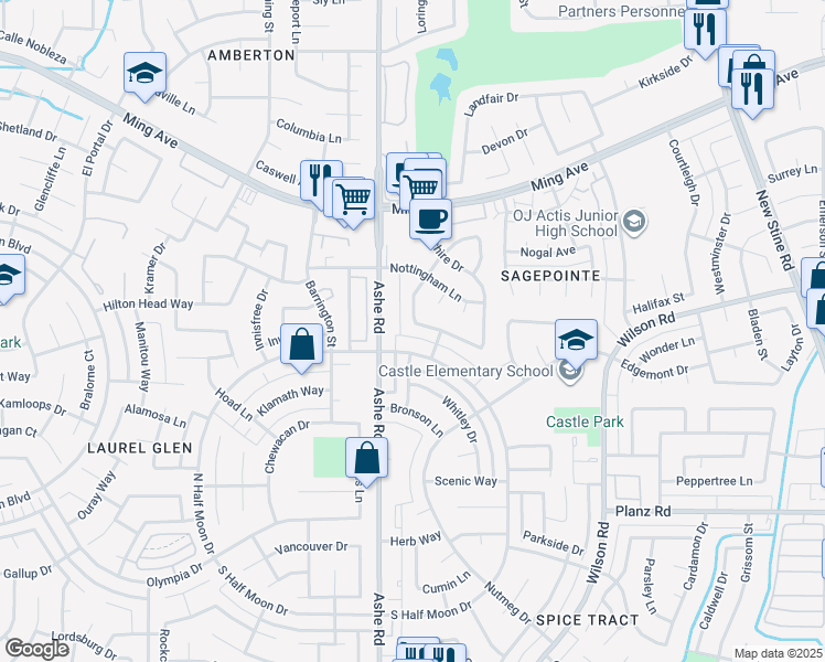 map of restaurants, bars, coffee shops, grocery stores, and more near 6413 Manchester Lane in Bakersfield