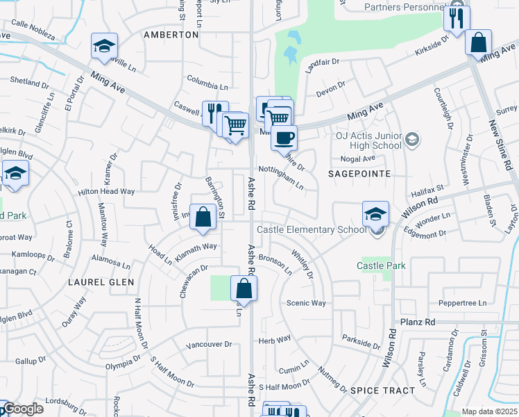 map of restaurants, bars, coffee shops, grocery stores, and more near 2608 Ashe Road in Bakersfield