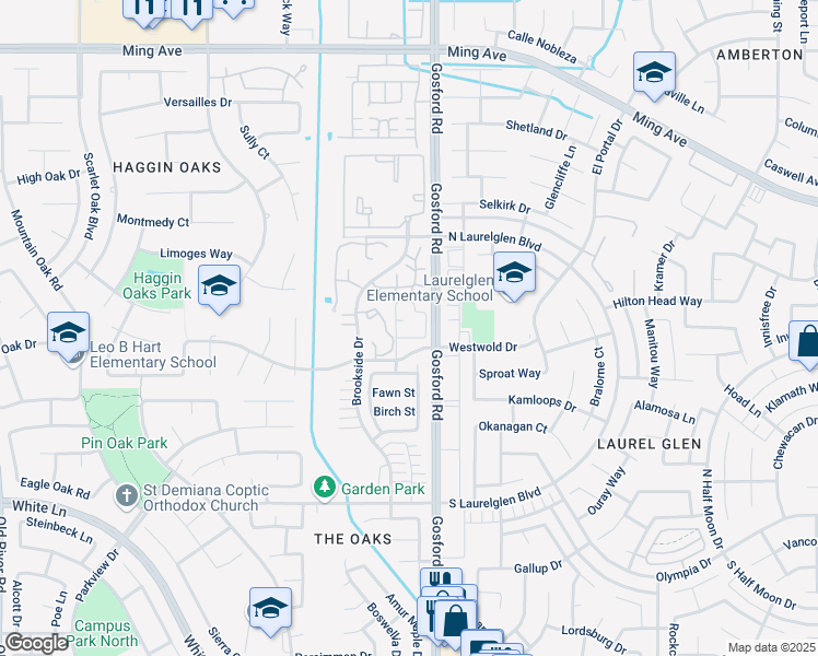 map of restaurants, bars, coffee shops, grocery stores, and more near 8100 Westwold Drive in Bakersfield