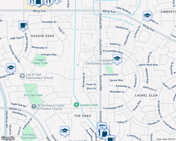 map of restaurants, bars, coffee shops, grocery stores, and more near 8200 Westwold Drive in Bakersfield