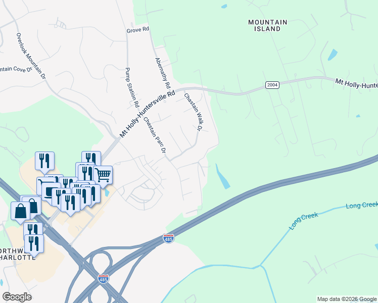 map of restaurants, bars, coffee shops, grocery stores, and more near 9404 Chastain Walk Drive in Charlotte