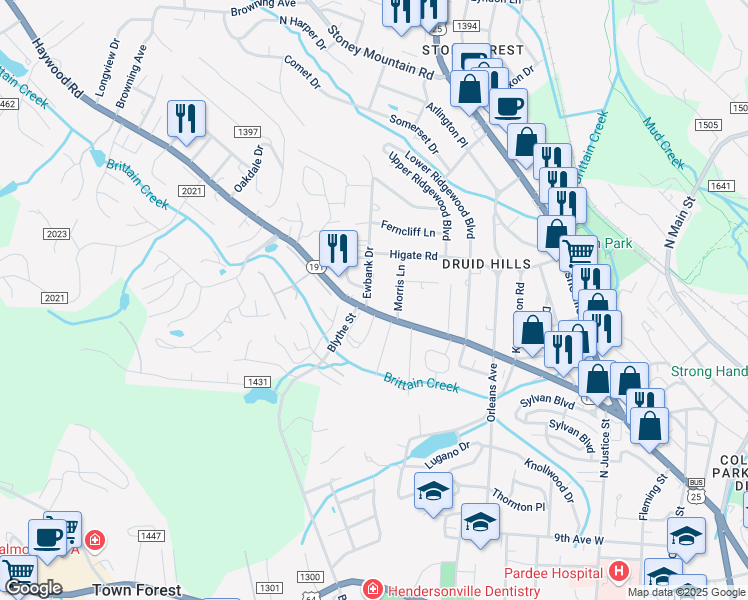 map of restaurants, bars, coffee shops, grocery stores, and more near 102 Ewbank Drive in Hendersonville