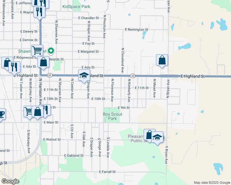map of restaurants, bars, coffee shops, grocery stores, and more near 325 North Florence Avenue in Shawnee