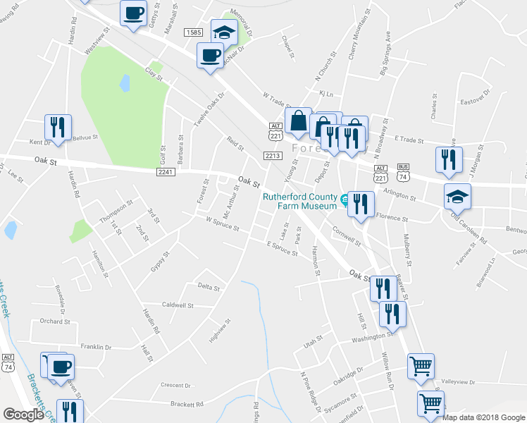 map of restaurants, bars, coffee shops, grocery stores, and more near 134 Maple Street in Forest City