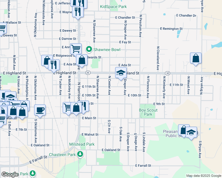 map of restaurants, bars, coffee shops, grocery stores, and more near 317 North Center Avenue in Shawnee