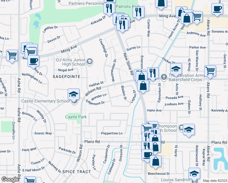 map of restaurants, bars, coffee shops, grocery stores, and more near 2613 Westminster Drive in Bakersfield
