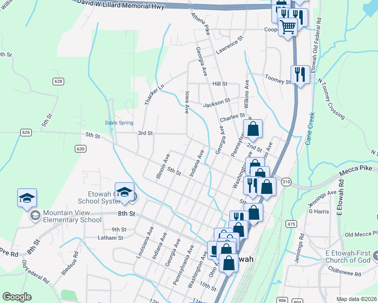 map of restaurants, bars, coffee shops, grocery stores, and more near 327 Louisiana Avenue in Etowah