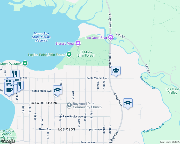 map of restaurants, bars, coffee shops, grocery stores, and more near 1153 15th Street in Baywood-Los Osos