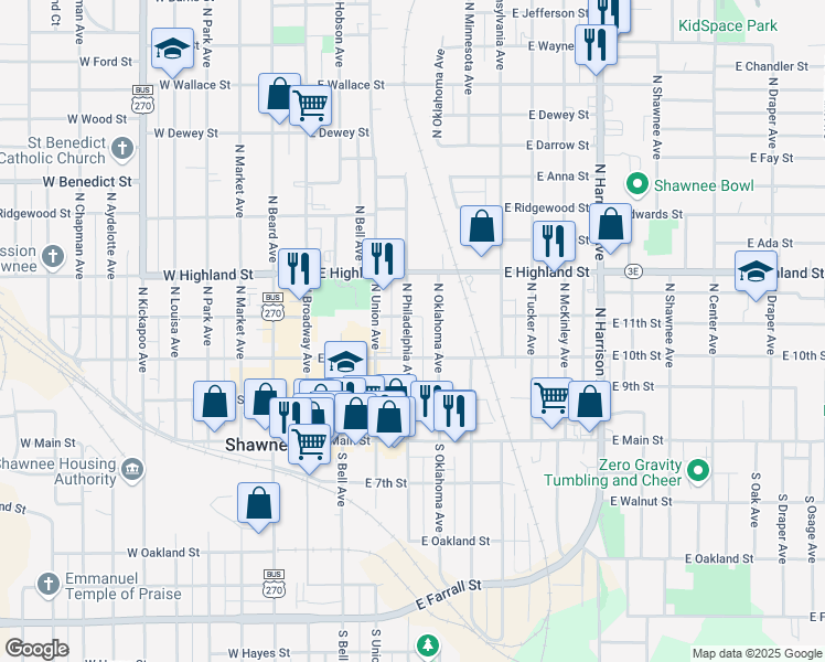 map of restaurants, bars, coffee shops, grocery stores, and more near 321 North Philadelphia Avenue in Shawnee