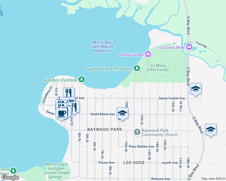 map of restaurants, bars, coffee shops, grocery stores, and more near 1166 8th St in Baywood-Los Osos
