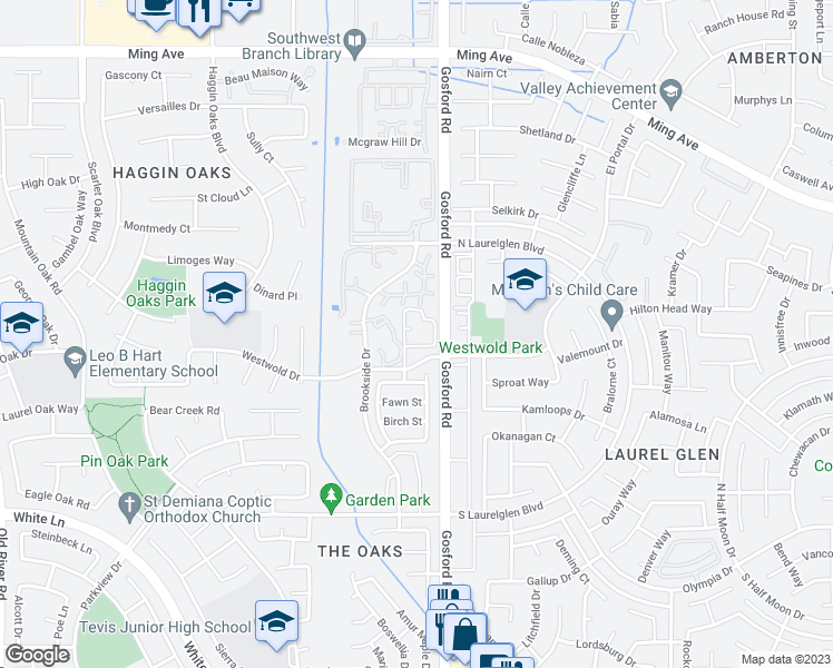 map of restaurants, bars, coffee shops, grocery stores, and more near 8100 Westwold Drive in Bakersfield