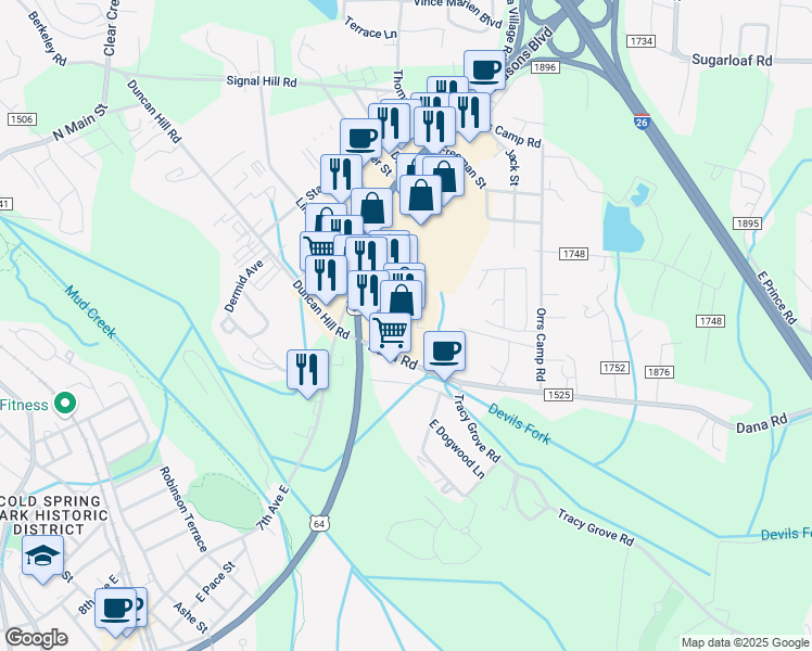 map of restaurants, bars, coffee shops, grocery stores, and more near 114 Henderson Crossing Plaza in Hendersonville