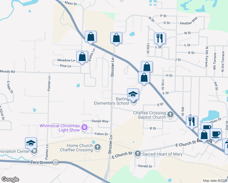 map of restaurants, bars, coffee shops, grocery stores, and more near 704 Strozier Lane in Barling