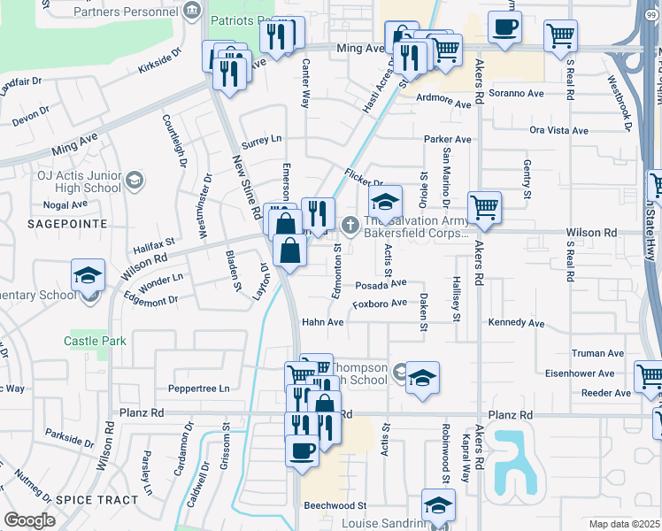 map of restaurants, bars, coffee shops, grocery stores, and more near 2601 Edmonton Street in Bakersfield