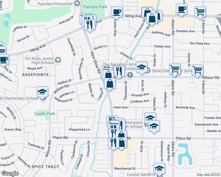 map of restaurants, bars, coffee shops, grocery stores, and more near 31 Real Road in Bakersfield