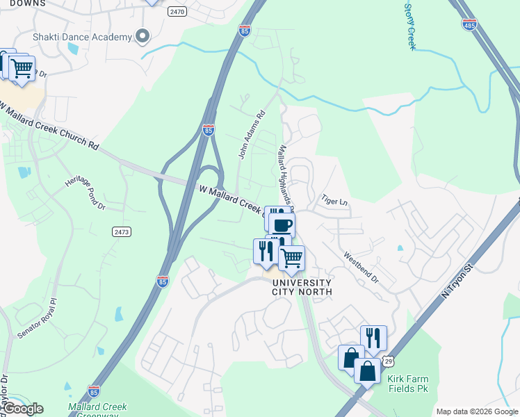 map of restaurants, bars, coffee shops, grocery stores, and more near 911 West Mallard Creek Church Road in Charlotte