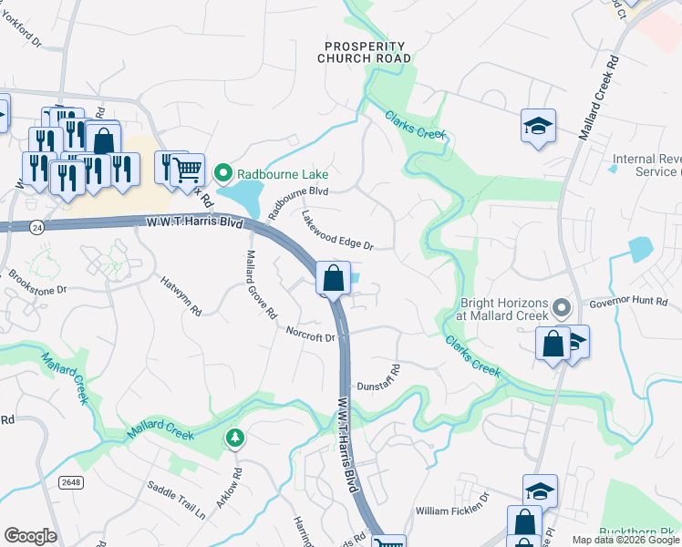 map of restaurants, bars, coffee shops, grocery stores, and more near 3201 Pierpoint Drive in Charlotte
