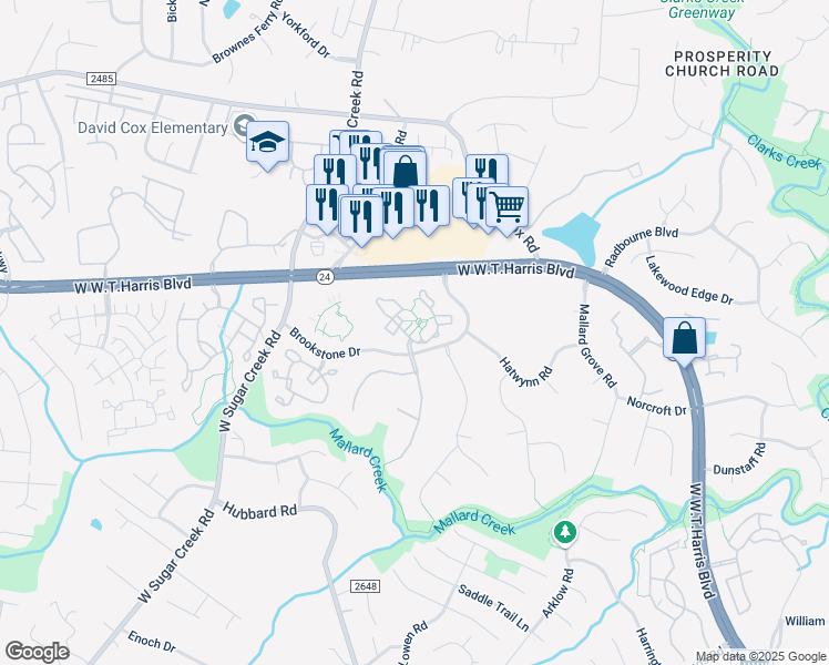 map of restaurants, bars, coffee shops, grocery stores, and more near 3806 Dry Brook Road in Charlotte